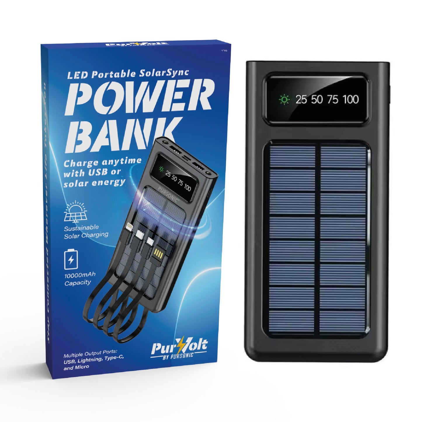 10000mAh Solar Power Bank with LED Flashlight & Multi-Port